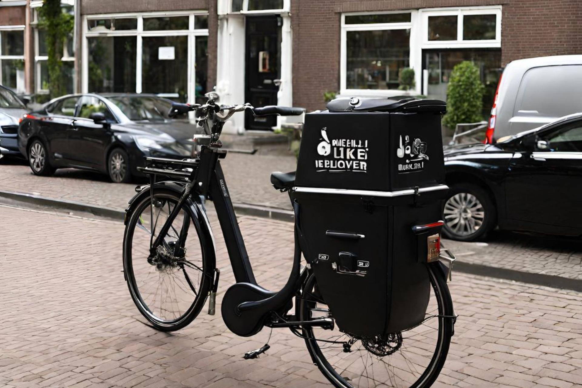 Zwarte fiets met achterop een kist waar maaltijden in kunnen worden bezorgd. 